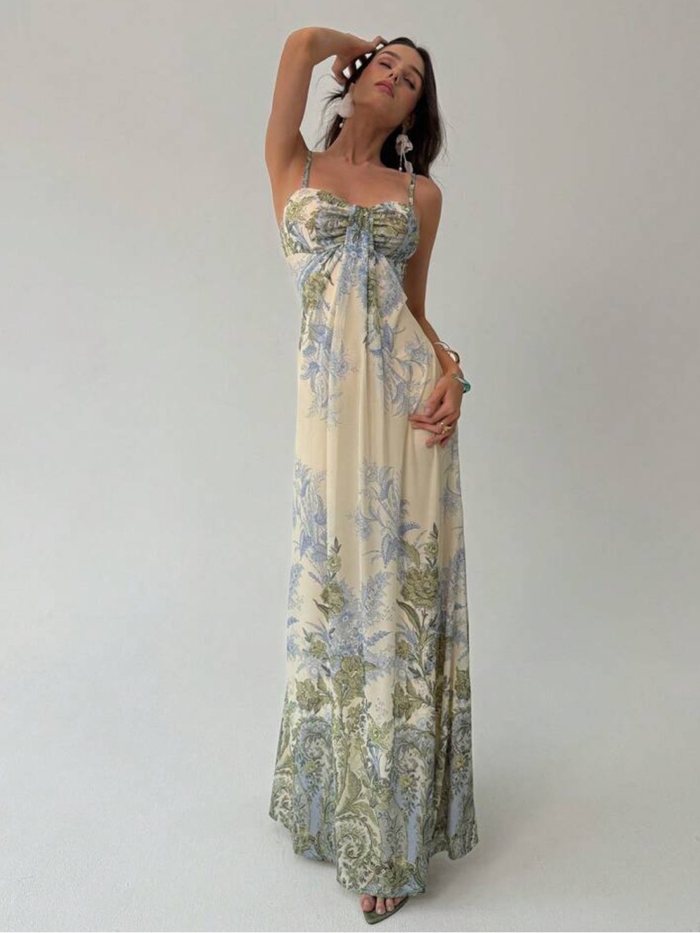 SHEIN Cream Maxi Dress with Blue & Olive Botanical Print